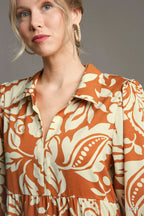 Umgee Midi Shirt Dress Rust Floral Tiered 3/4 Sleeve 9df7e88e-d626-40e1-a0e6-7ad16d205e16-Max-Origin Trendsi
