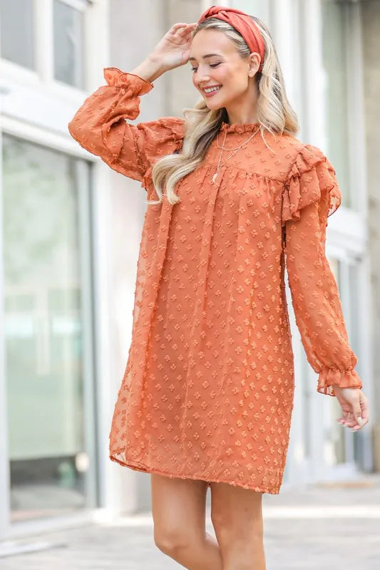 And The Why Mini Dress Swiss Dot Camel Lovely Ruffle Shoulder with Textured 9dfa0e1485754f09bd0277c73068938d-Max-Origin Trendsi