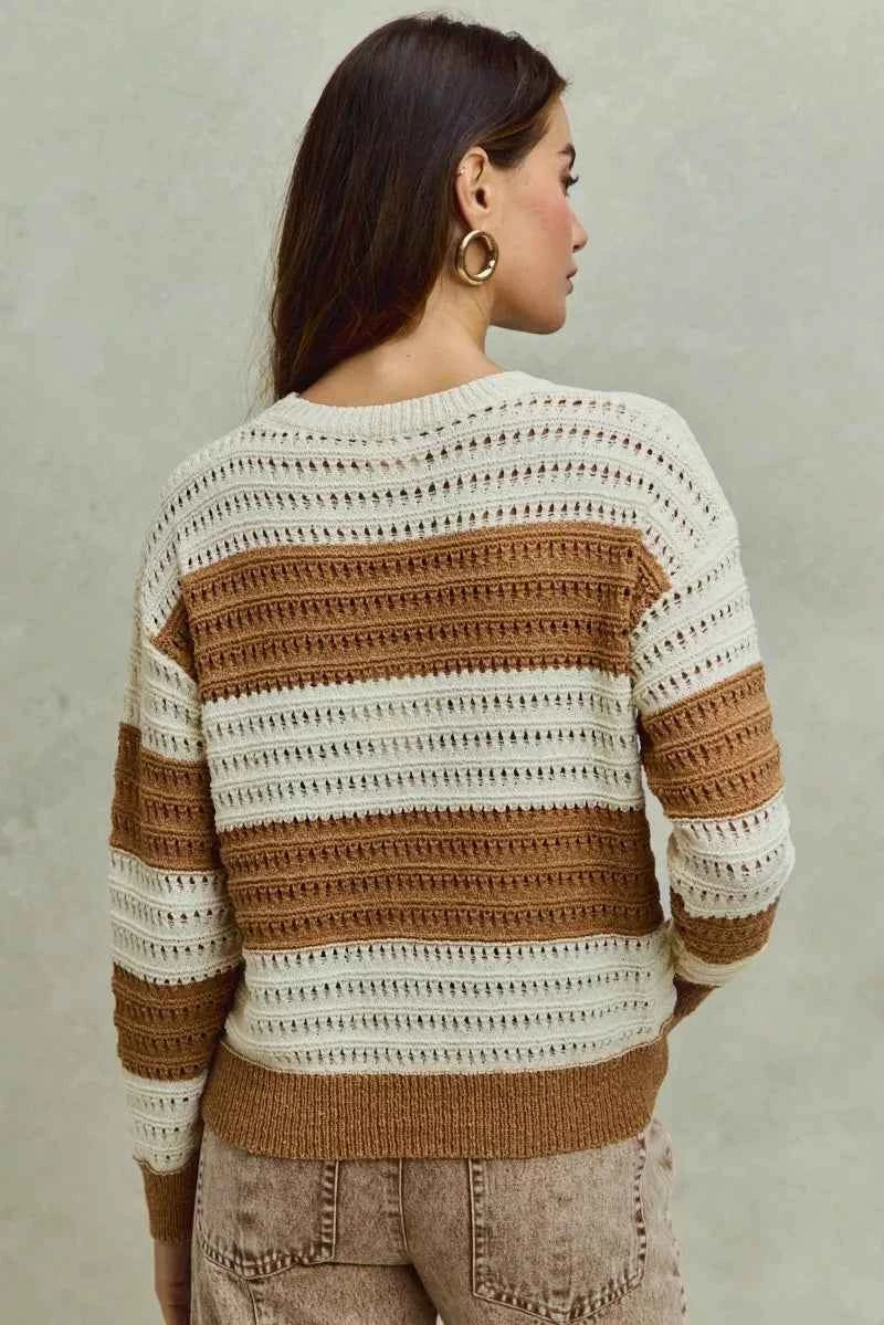 SO ME Women Sweater Openwork Textured Wide Stripe Cream Taupe Pullover 9dff401d14144a228b4d4085ecae9f7a-Max-Origin Trendsi