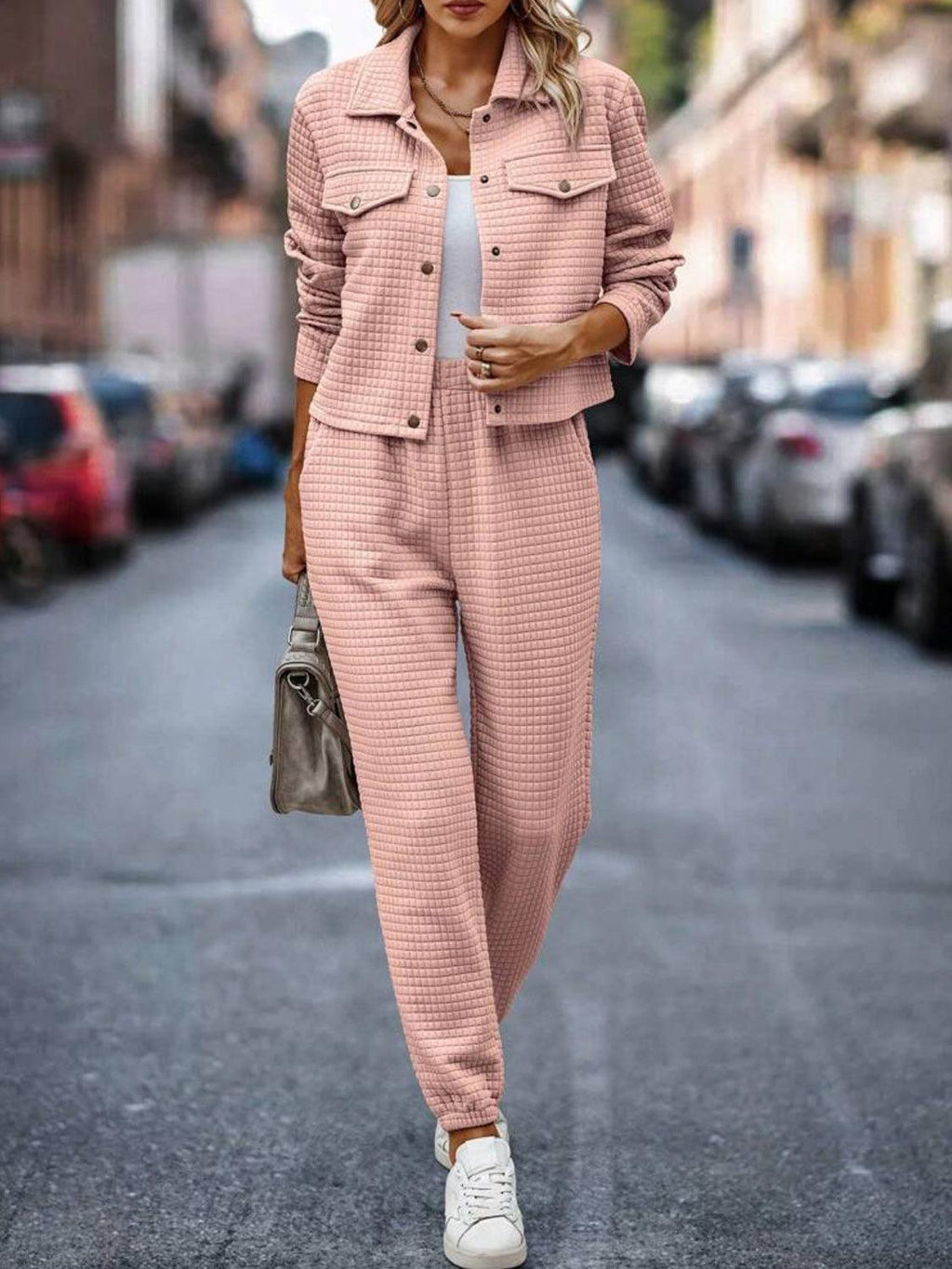 Outfit Set Plaid Texture Snap Down Top and Pants Set 9e064b2d-5eaf-479f-ad0f-13430f2d2f27-Max Trendsi