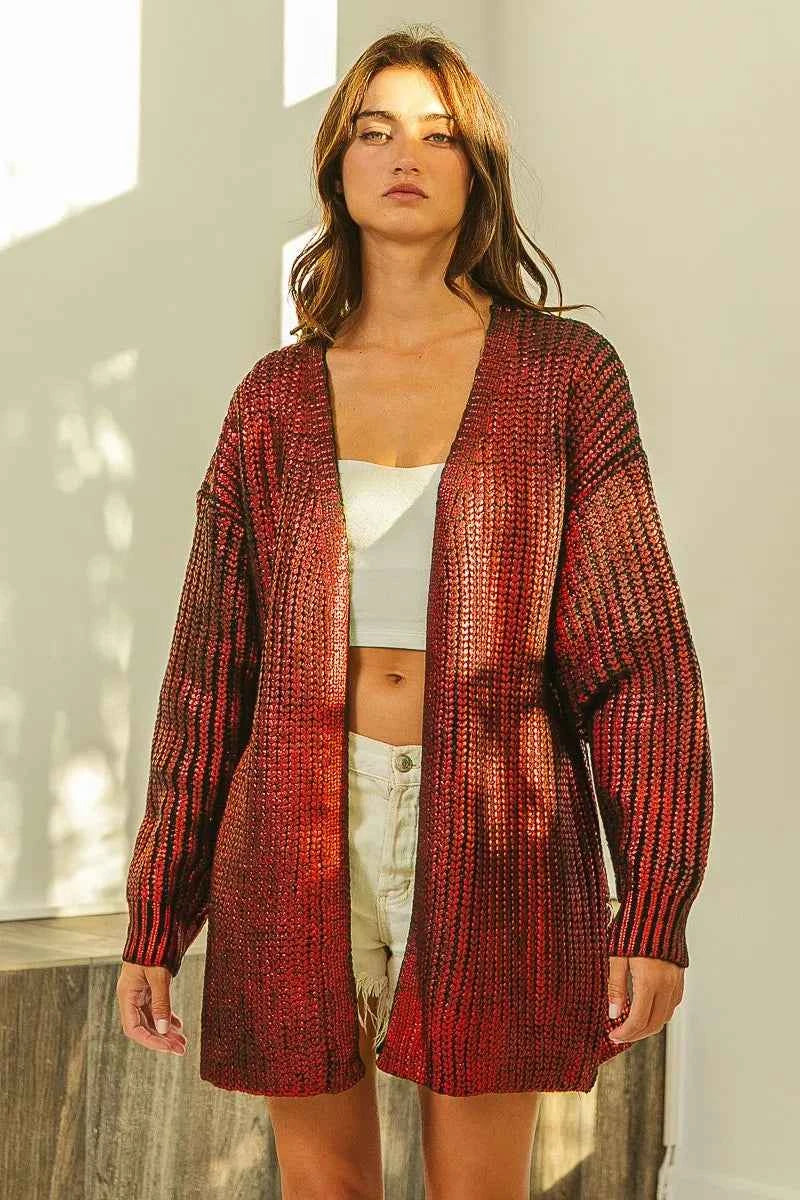 BiBi Metallic Knit V-neck Open Sweater Cardigan