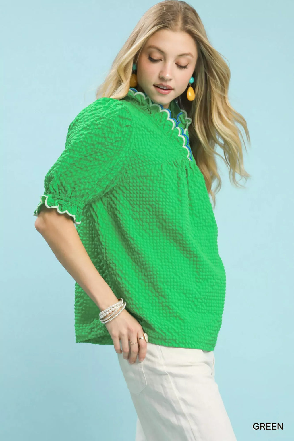 Umgee Womens Blouse Green Textured Puff Short Sleeve Top with Scalloped Trim 9e0cb447-4a0b-40b1-8ff7-240e3f2e21ca-Max-Origin Trendsi