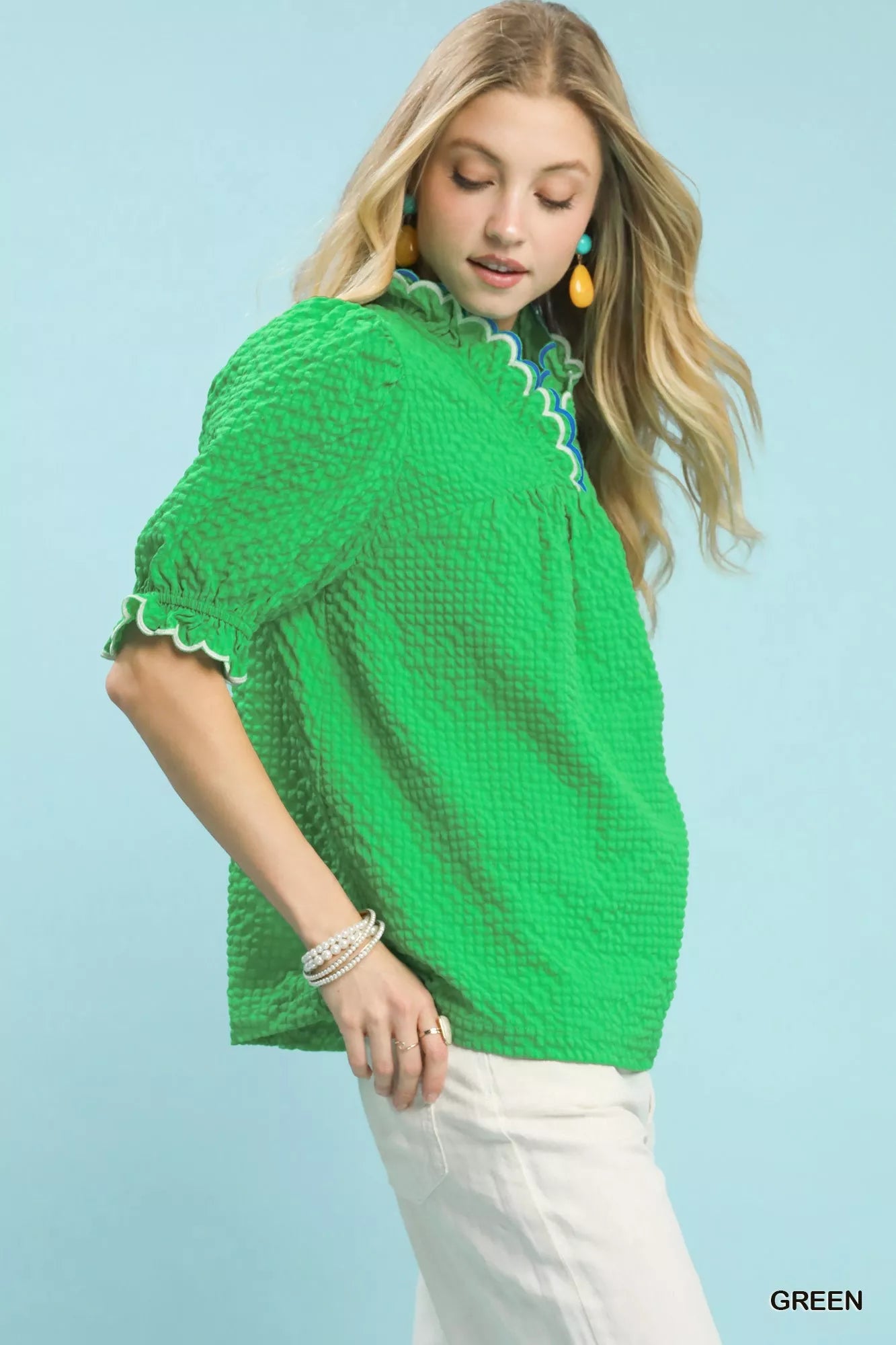Umgee Womens Blouse Green Textured Puff Short Sleeve Top with Scalloped Trim 9e0cb447-4a0b-40b1-8ff7-240e3f2e21ca-Max-Origin Trendsi