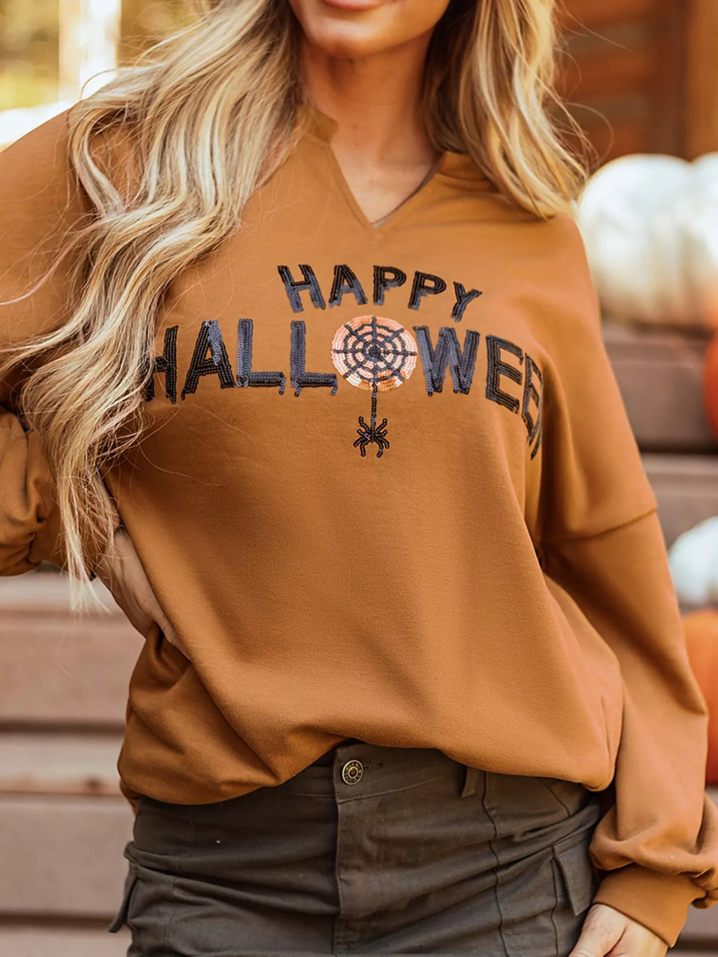 Women's Oversized Sweatshirt Happy Halloween Graphic Notched Long Sleeve Top 9e14bdf3-1bae-41ed-8c60-3db07097dd81-Max-Origin Trendsi