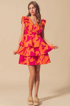 SO ME Floral Dress V Neck Layered with Elasticized Waist Short Cap Sleeve 9e23de94cc8c492fbfa348801e90d965-Max-Origin Trendsi