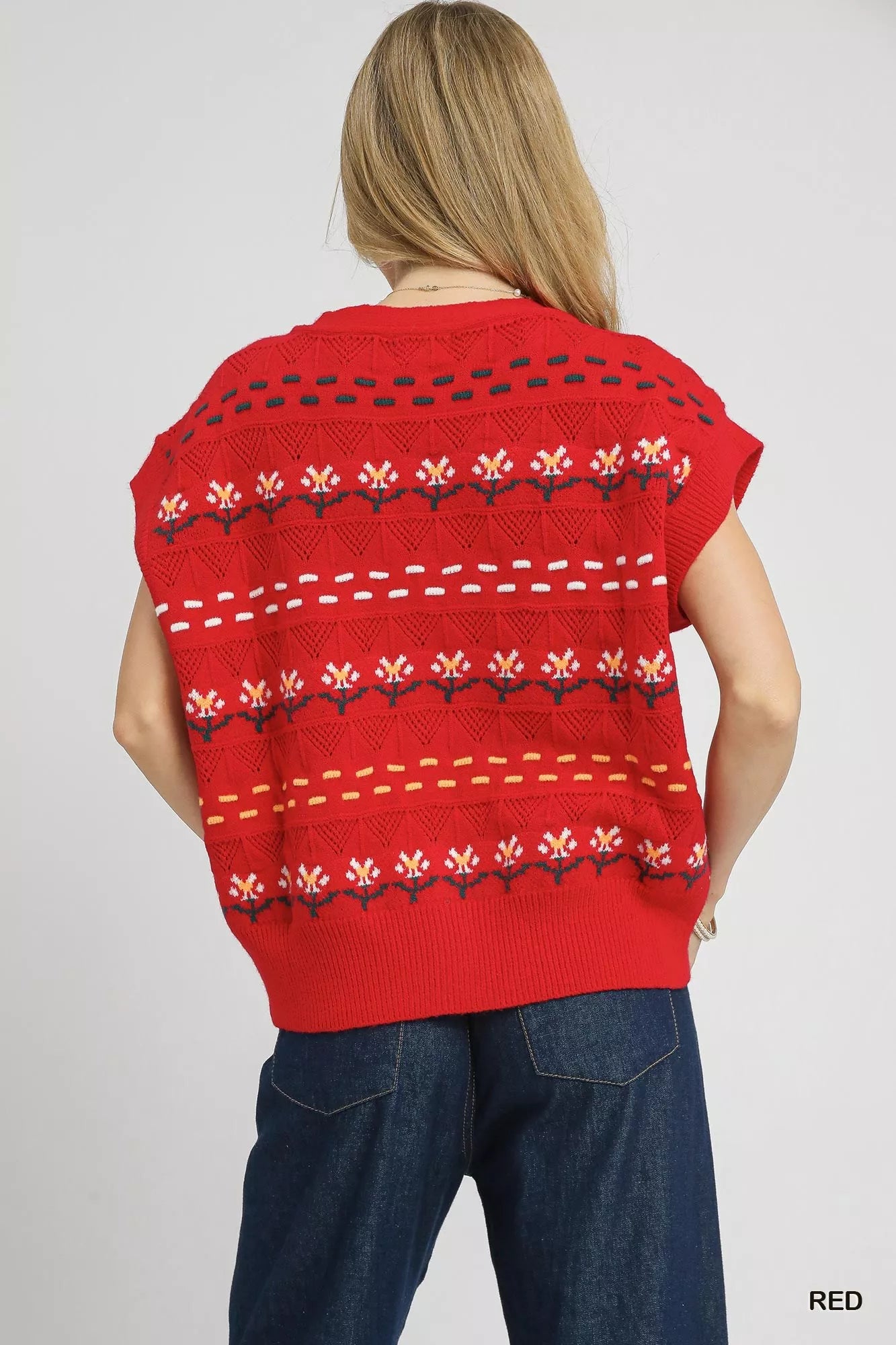Umgee Knit Vest Womens Red Buttoned Sweater with Floral Pattern 9e27da94-cd9e-4871-b0d5-d21140398528-Max-Origin Trendsi