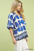 Umgee Blouse Womens Blue Shell Block Border Print Puff Short Sleeve Top 9e283b90-3eb7-4d46-bb33-f568c7220be3-Max-Origin Trendsi