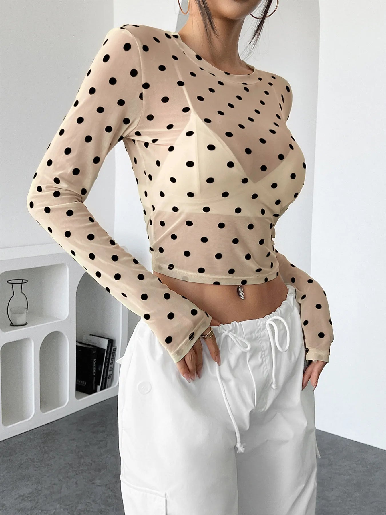 Women's Mesh Crop Top Polka Dot Long Sleeve Sheer Blouse 9e2ac77e52e54f2da2050769f6ded2bf-Max-Origin Trendsi