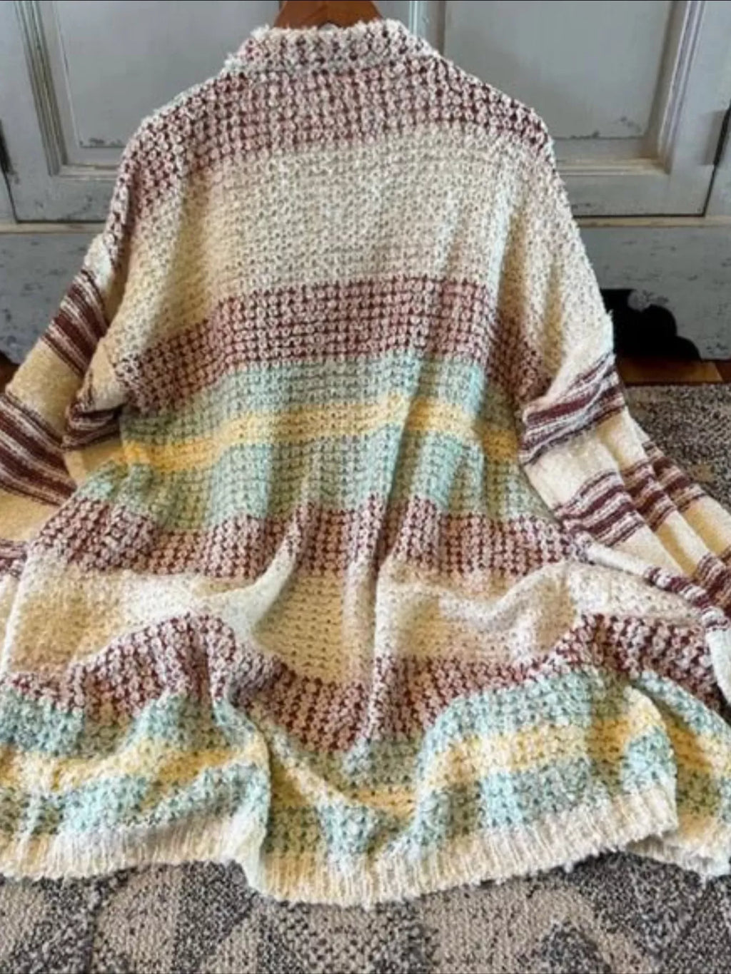 Women's Cardigan Beige Striped Open Front Longline Oversized Knit 9e31140a-4126-48b9-b07d-bae84b56e288-Max-Origin Trendsi