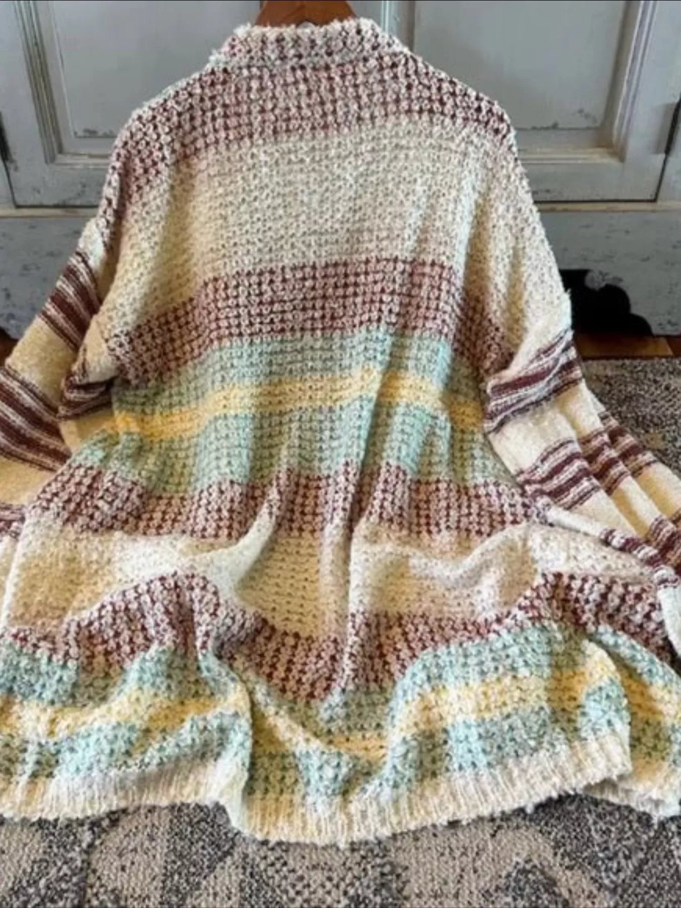 Women's Cardigan Beige Striped Open Front Longline Oversized Knit 9e31140a-4126-48b9-b07d-bae84b56e288-Max-Origin Trendsi