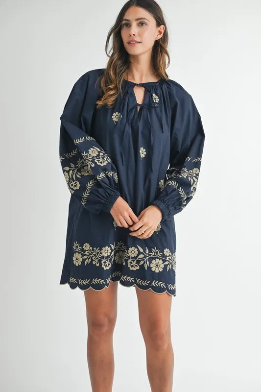 MABLE Mini Dress Navy Floral Embroidered Long Sleeve Peasant Tied 9e32f1ca9b39446ea8c5851998300fb6-Max-Origin Trendsi