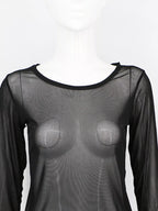 Black mesh top on white mannequin highlighting wide scoop neck with solid trim and fine texture