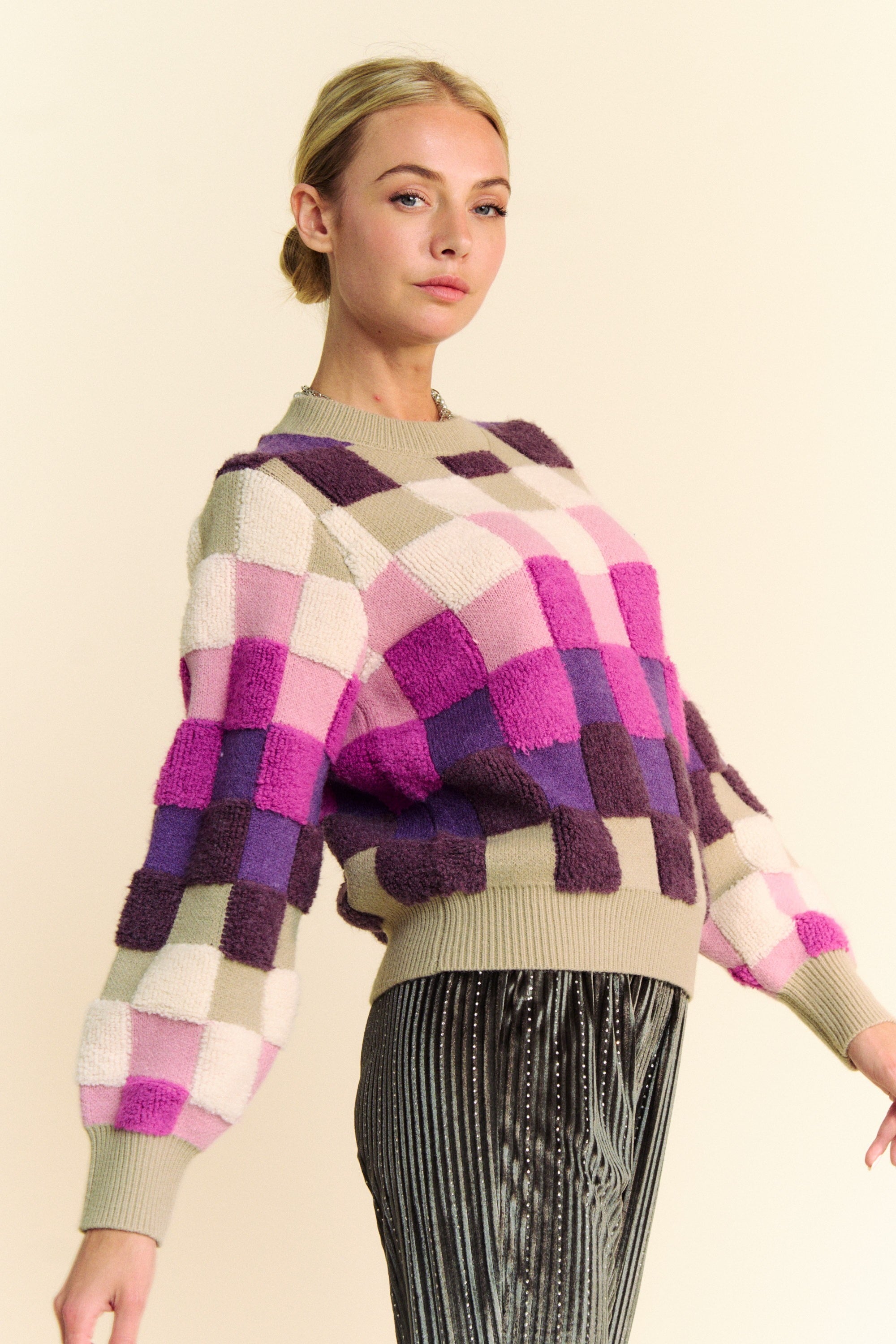 Davi & Dani USA Checkered Knit Sweater Purple Multi Round Neck Long Sleeve 9e365543-96f1-4899-9a43-bcbd30e0fd57-Max Trendsi
