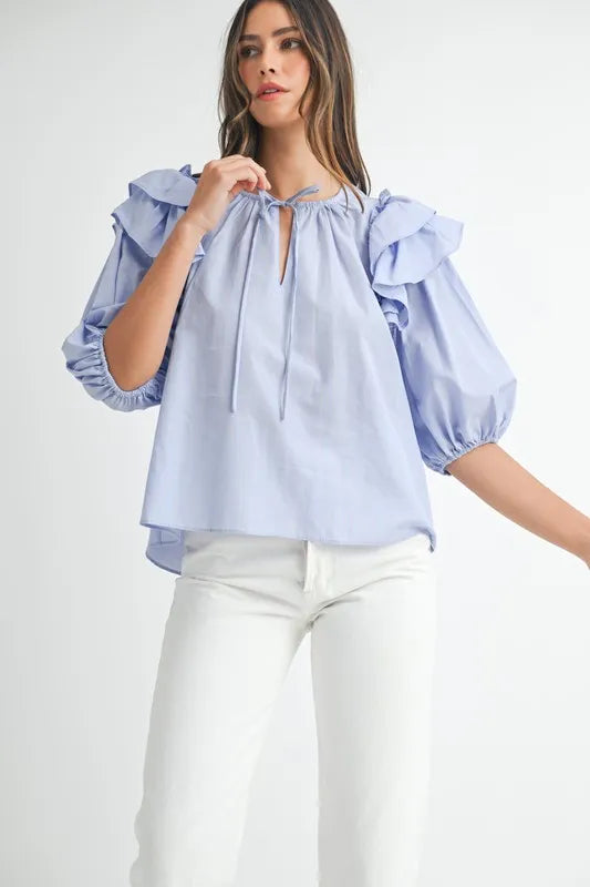 MABLE Blouse Puff Sleeve Layered Ruffle Shoulder Tied Light Blue Top Light Blue 9e38138f-7a0d-44b6-b3ef-c599a5a9f6c2-Max-Origin Trendsi