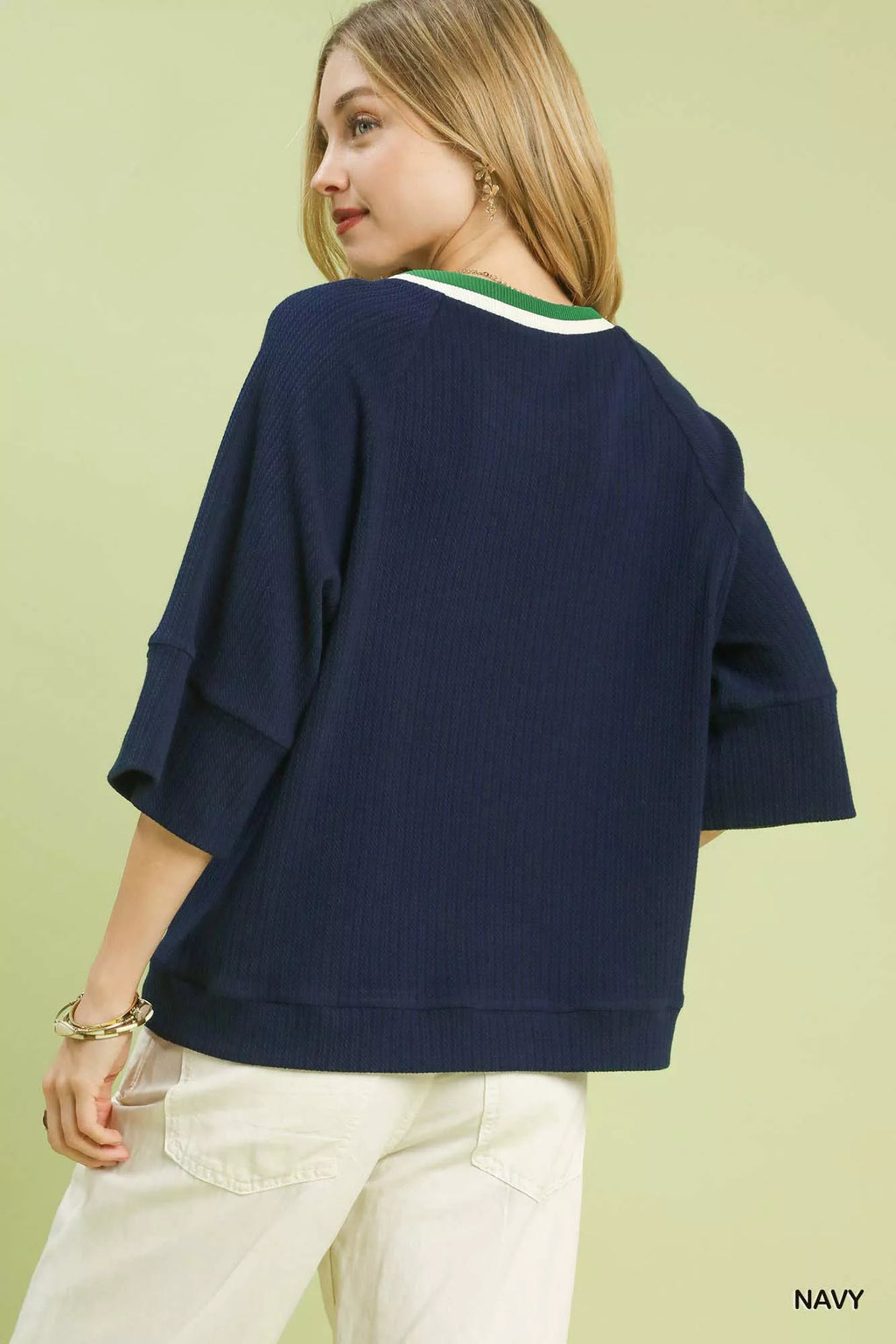 Umgee Womens Knit Top Navy Ribbed with Contrast Trim Neck 9e3aec04-653c-47e6-807d-2ade1cee2bda-Max-Origin Trendsi