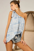 BiBi Top One Shoulder Tied Ribbon Blue Aztec Printed Woven Asymmetrical Blouse 9e3b19a042c849a8a2c1da58a9df3258-Max-Origin Trendsi
