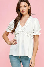 Lime 'N' Chili Babydoll Top Ivory Solid Ruffled Deep V-Neck Puff Short Sleeve IVORY 9e427c2192014aa585282cd9a7aecff7-Max-Origin Trendsi