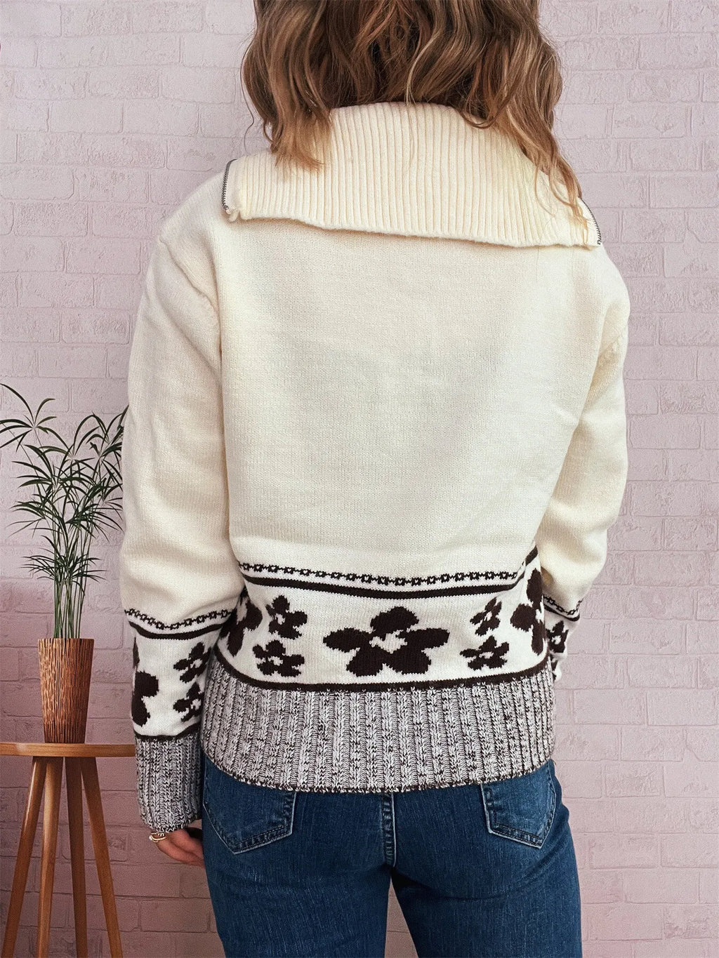 Women's Sweater Flower Hem Zip Collar Long Sleeve Stylish Pullover 9e462591926d4ced9bdc741014e69ab8-Max-Origin Trendsi