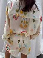 Women's Outfit Set Beige Summer Print Button Up Long Sleeve Shirt and Shorts 9e47aba30da2459f821aefa9077a1b08-Max-Origin Trendsi