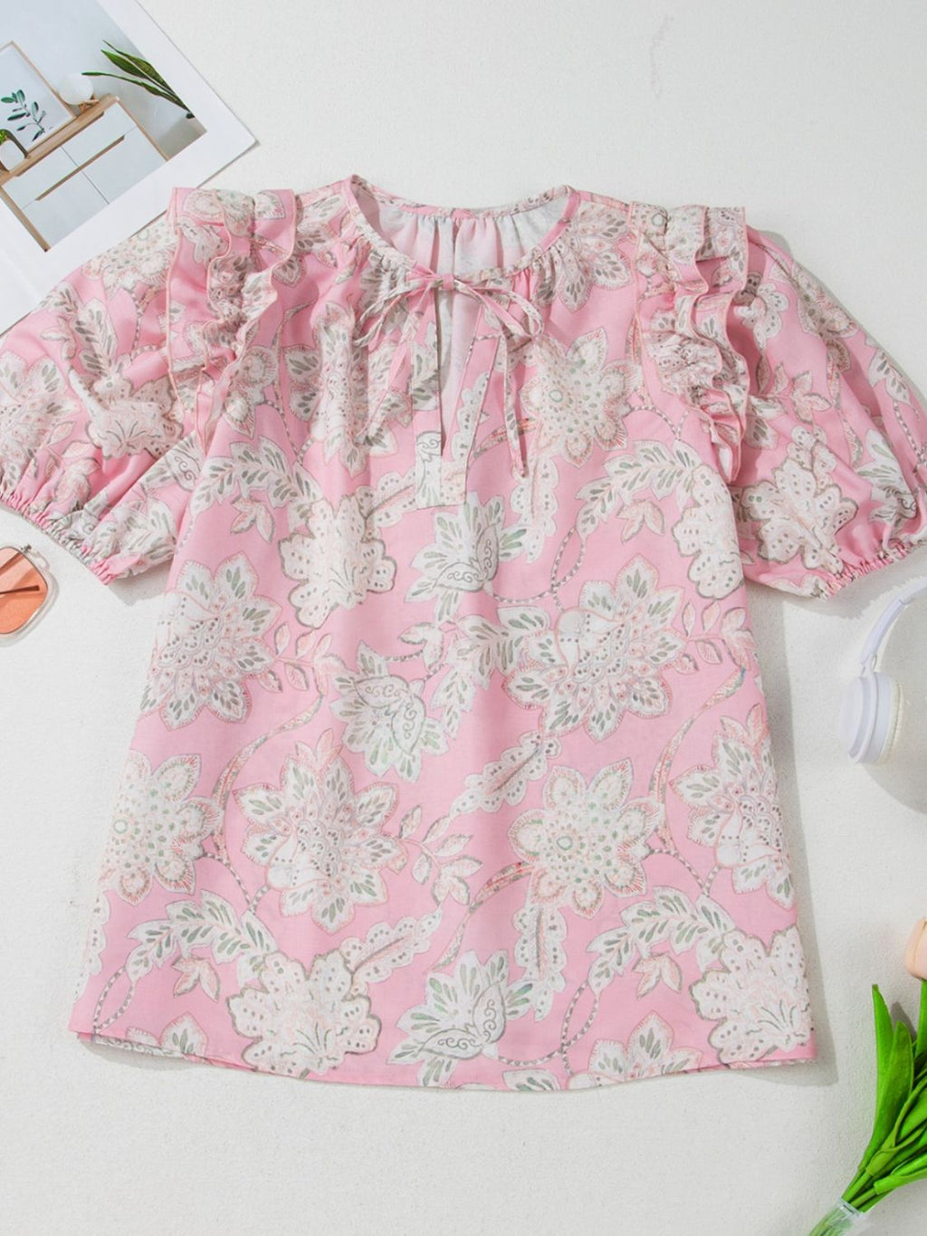 Floral Blouse Ruffle Tie Neck Puff Short Sleeve Blush Pink Top 9e49defd-8887-4fcd-85ec-3e10846f1735-Max Trendsi