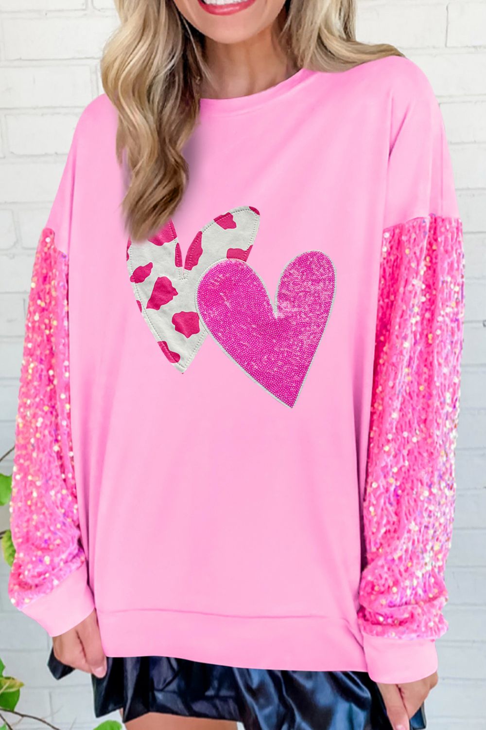 Valentine’s Day Sequin Sweatshirt Women Heart Long Sleeve Fuchsia Pink Top