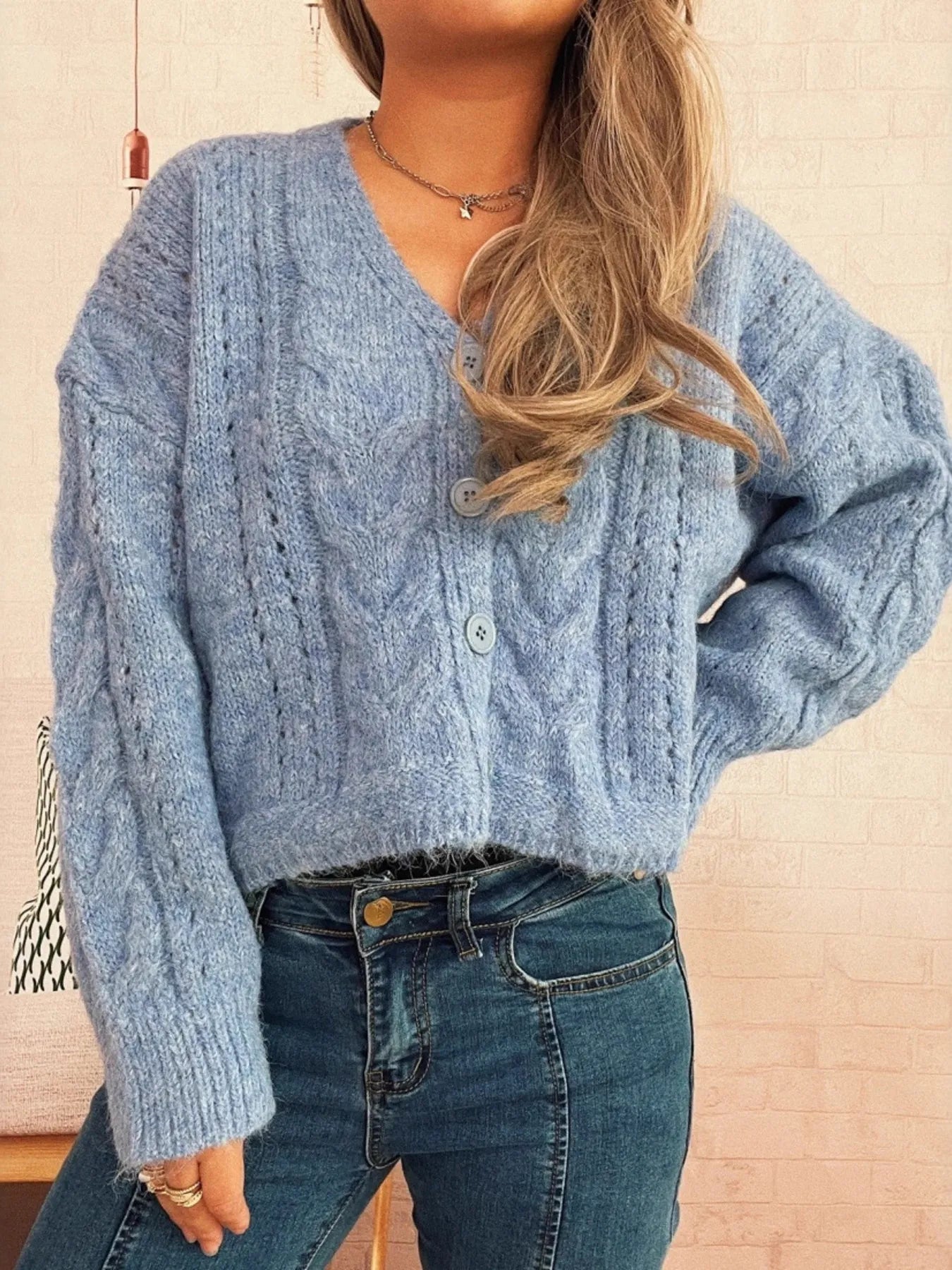Women's Cardigan Cable Knit Button-Up Soft Knit Acrylic Long Sleeve 蓝色 One Size 9e4dd2ffb7324bd38d0977b5b98d5102-Max-Origin Trendsi