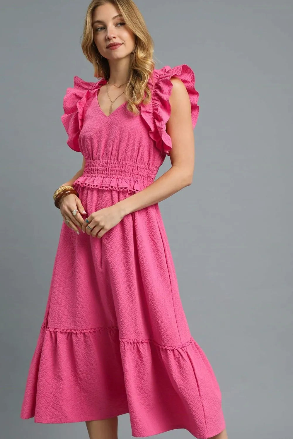 Umgee Midi Dress Hot Pink V-Neck Ruffled Cap Short Sleeve Smocked Hot Pink 9e4e3697-815d-4dbb-93e9-9d55e27f954a-Max-Origin Trendsi