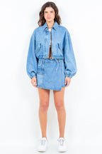 Crop Denim Jacket American Bazi Drawstring Waist Zipper Outwear 9e593bda-0881-4c2f-a4e5-1b1900874ba6-Max Trendsi