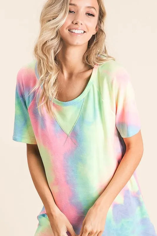 BiBi Women T-shirt Tie Dye Pastel Multi Color French Terry Print Top 9e658b670c48442c97ac47f2057ad82a-Max-Origin Trendsi