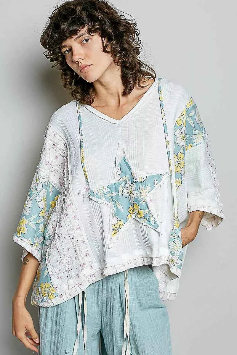 POL Floral Star Patch Hooded Blouse with Lace Contrast Detail