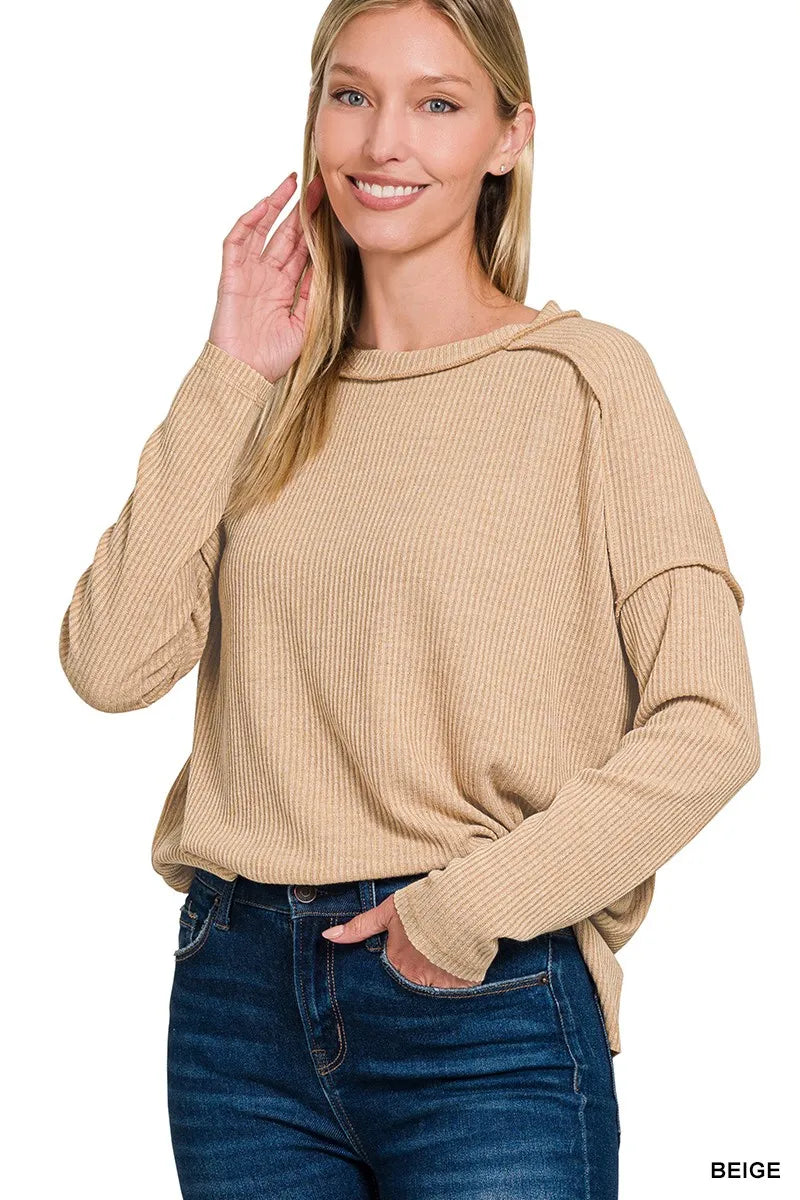 Zenana Womens Sweater Beige Ribbed Drop Shoulder Round Neck Oversized 9e6a5c1ef5b646c8bd0ff0474d4b14be-Max-Origin Trendsi