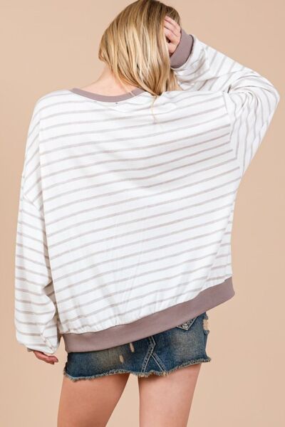 Ces Femme Striped Sweatshirt Drop Shoulder Taupe/Mocha 9e6d3061-8c91-4b9b-b672-483dbd50dd0b-Min Trendsi