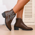 Western Women's Ankle Boots Embroidered Pu Leather Mid Heels Shoes 9e7e011b80e74991b06d942f6e01f720-Max-Origin Trendsi