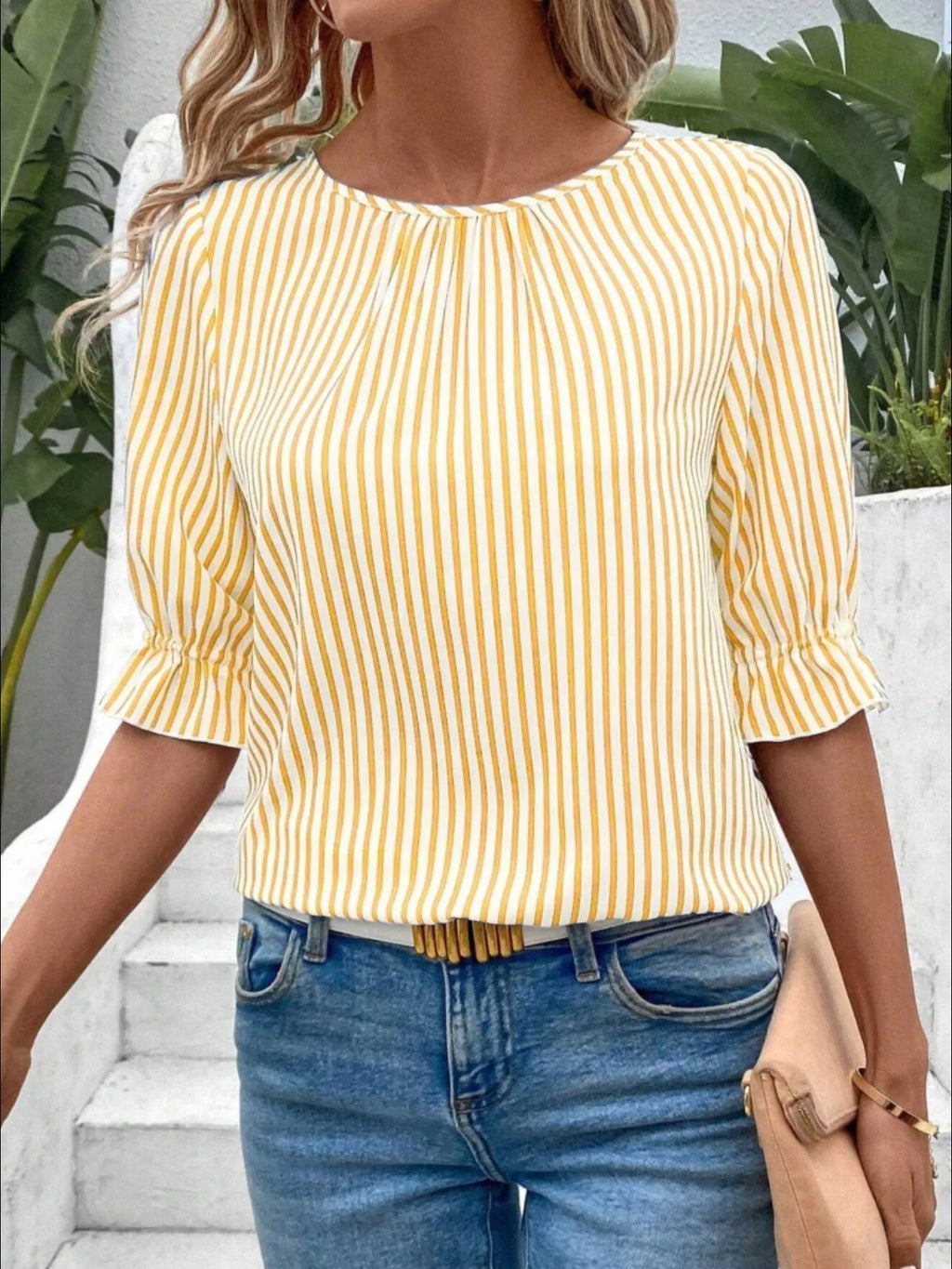 Women's Blouse Striped Round Neck Half Sleeve Casual Back Buttoned Yellow 9e8317b5-e363-401a-a862-f0c493162461-Max-Origin Trendsi