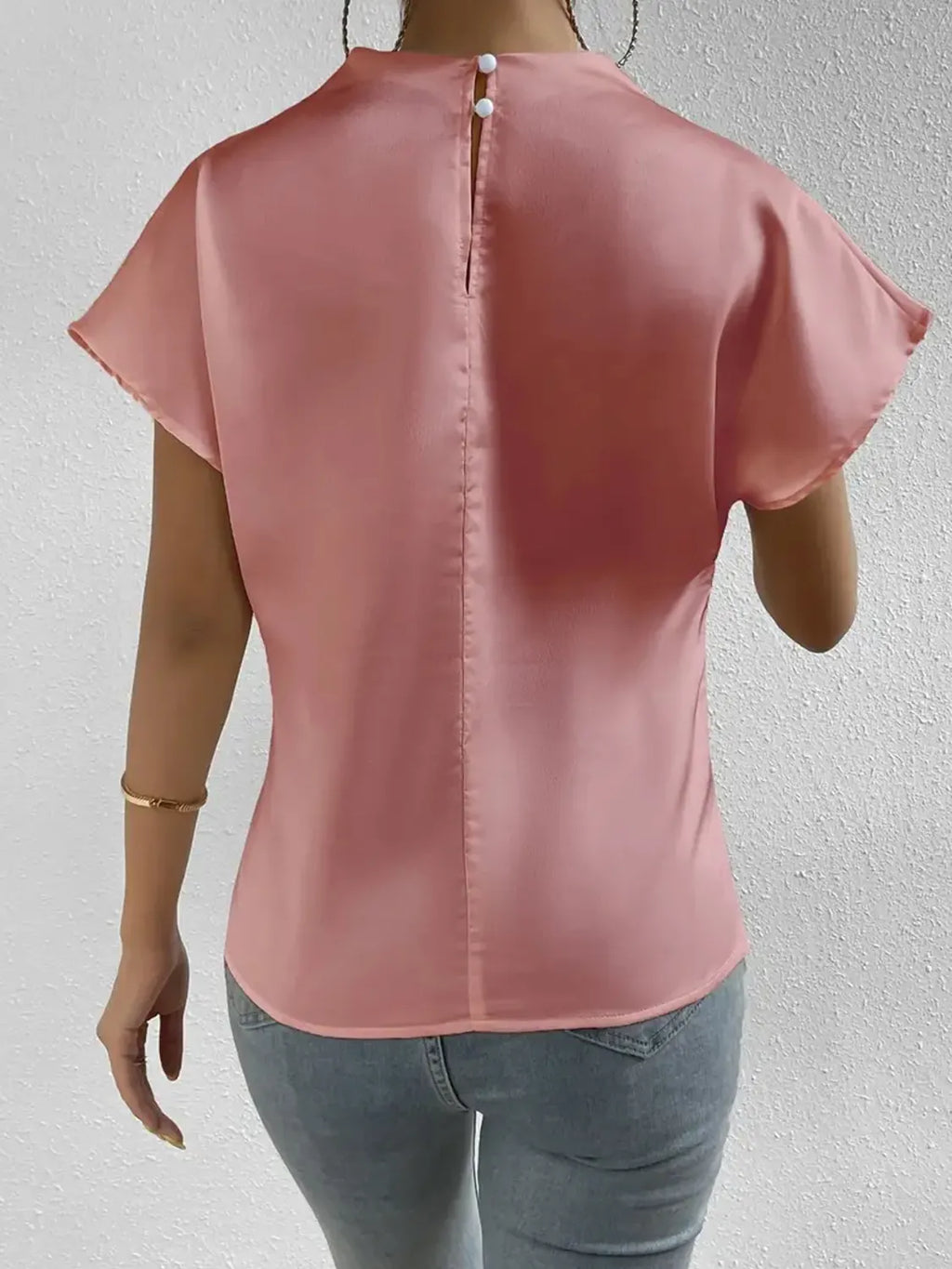 Satin Blouse Mock Neck Pleated Short Sleeve Basic Style Top 9e8dd5e1-5aba-4776-ab58-576f0d2d569b-Max-Origin Trendsi