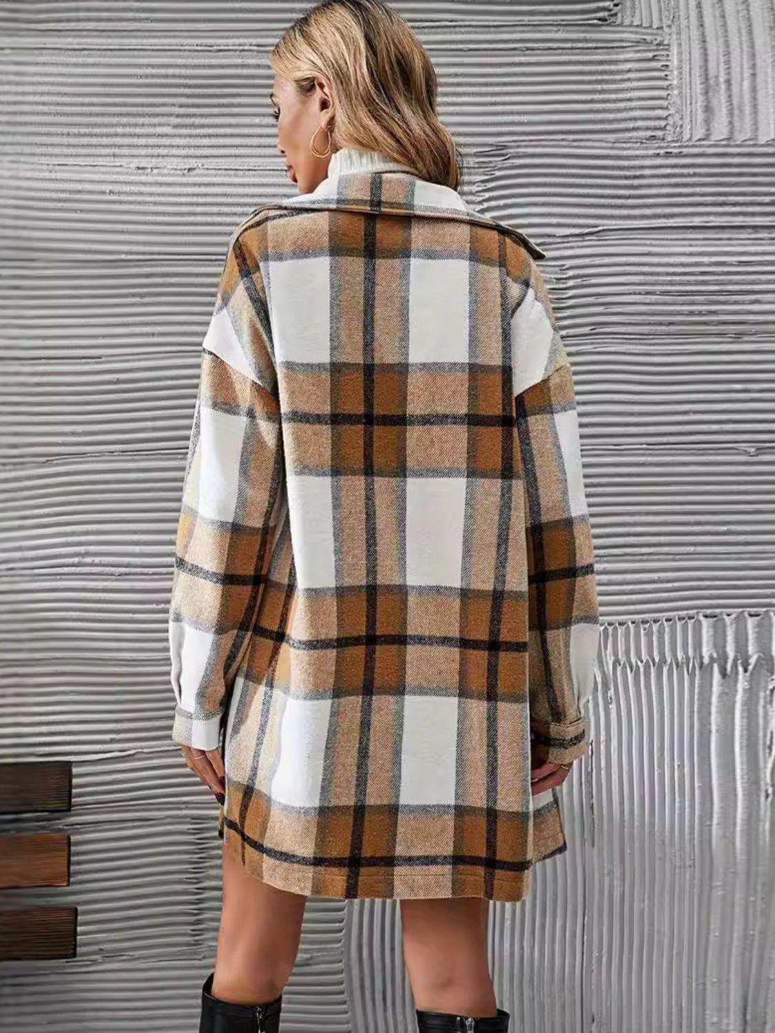 Plaid Outfit Set Button Up Long Sleeve Coat and Skirt Set