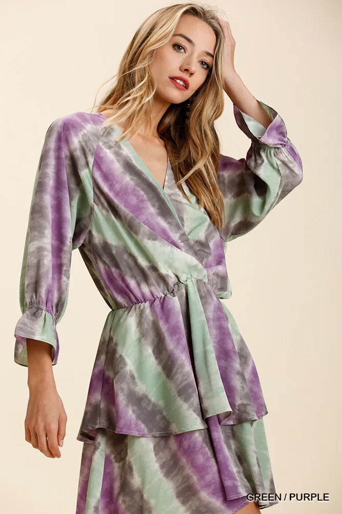 Umgee Tie Dye Mini Dress Purple Green Ruffled Layered with Elastic Waistband 9e9909d2-d0a1-470b-bdf1-ec6c4e914cb2-Max-Origin Trendsi
