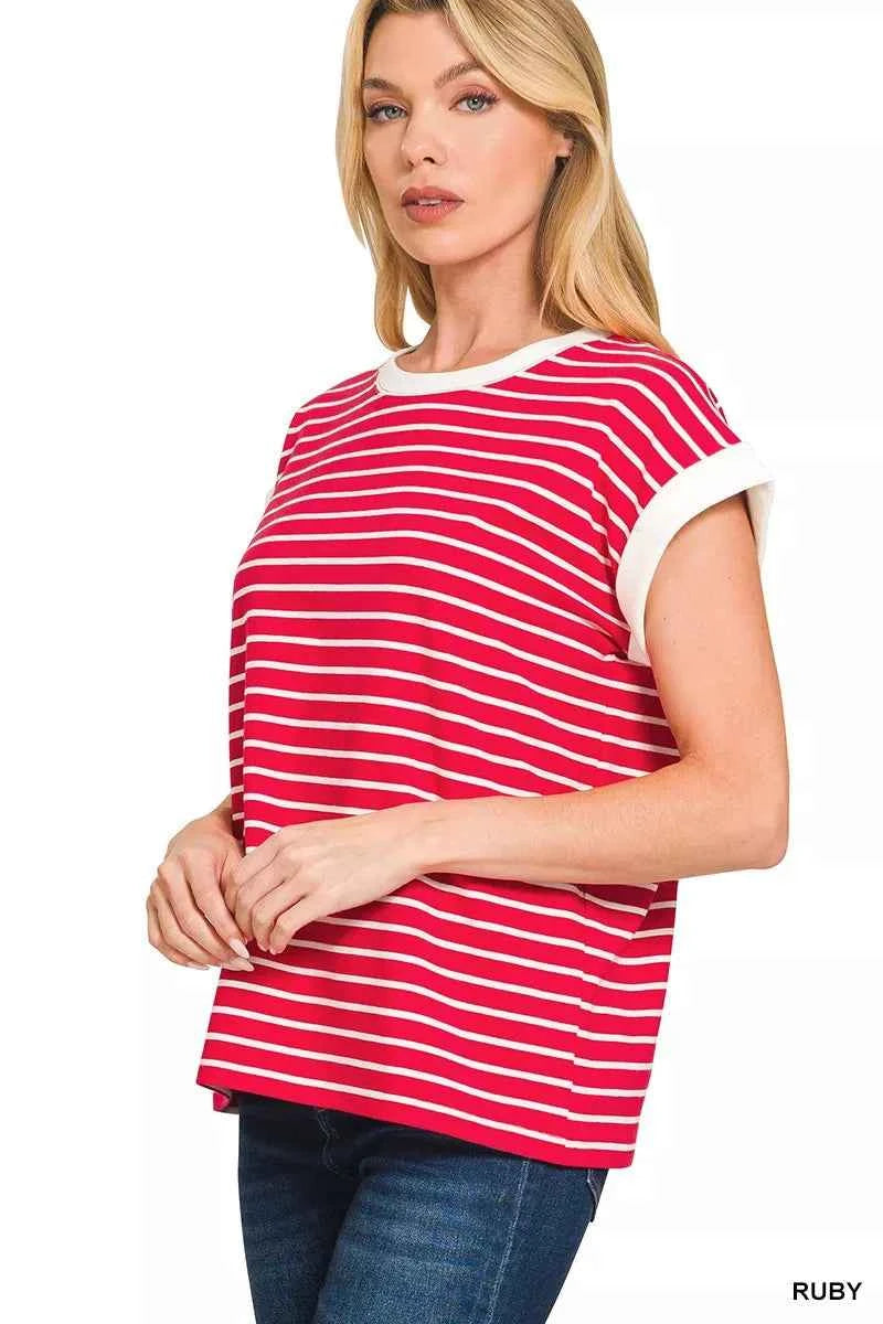 Zenana Women T-shirt Ruby Red Contrast Stripe Trim Cap Sleeve Tee Plus Sizes 9e9b20a137ce412bb28755db143b2fba-Max-Origin Trendsi