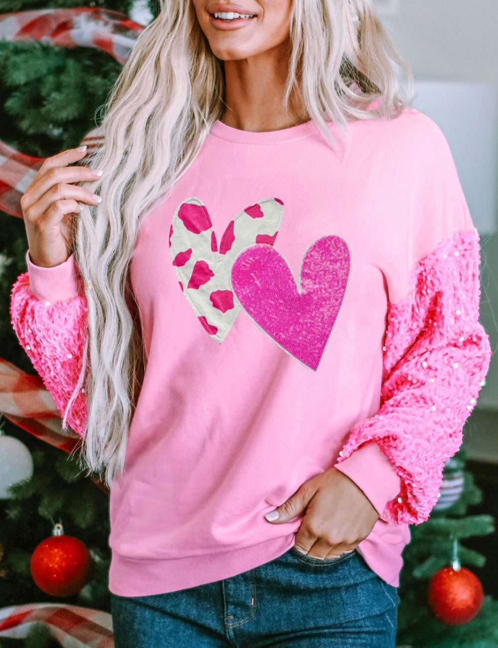 Valentine’s Day Sequin Sweatshirt Women Heart Long Sleeve Fuchsia Pink Top