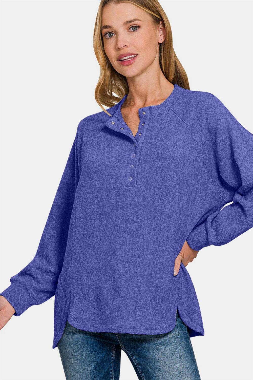 Zenana Sweater Women Blue Melange Brushed Hacci Basic Pullover