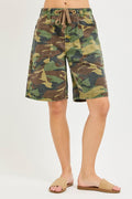 RISEN Camouflage Print Slouchy Denim Shorts with Eyelet Drawstring Waist