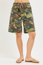 RISEN Camouflage Print Slouchy Denim Shorts with Eyelet Drawstring Waist