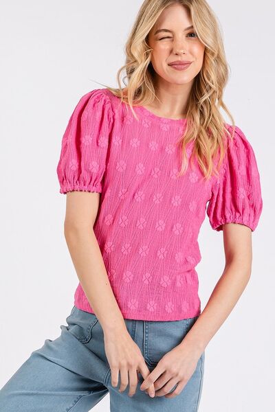 Mittoshop Top Hot Pink Floral Print Round Neck Short Sleeve Hot Pink 9eb304c0-1dcb-4781-be51-95c89a796d64-Min Trendsi