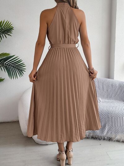 Pleated Midi Dress Grecian Neck Tie Waist Belted Halter Sleeveless 9eb48817-d204-4393-809b-4e5f6113914d-Min Trendsi
