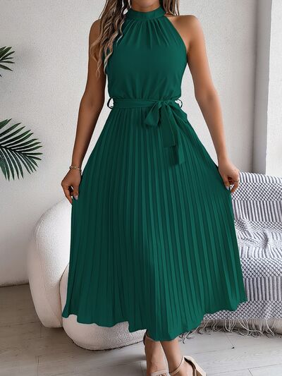 Pleated Midi Dress Grecian Neck Tie Waist Belted Halter Sleeveless 9eb4fe7c-ff69-4bbb-9839-465e6926a4fa-Min Trendsi