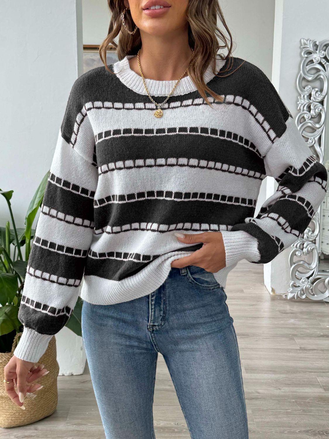 Striped Sweater Round Neck Long Sleeve Knitwear 9eb75373-c31d-41bc-a640-80a99eb38d46-Max Trendsi