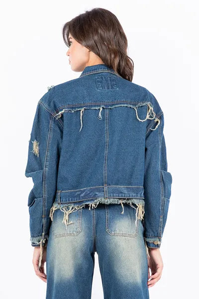 American Bazi Denim Jacket Women's Distressed Frayed Edge Zipper Long Sleeve 9ebe9fe8-d496-4a88-8840-431637d7e8bd-Min Trendsi