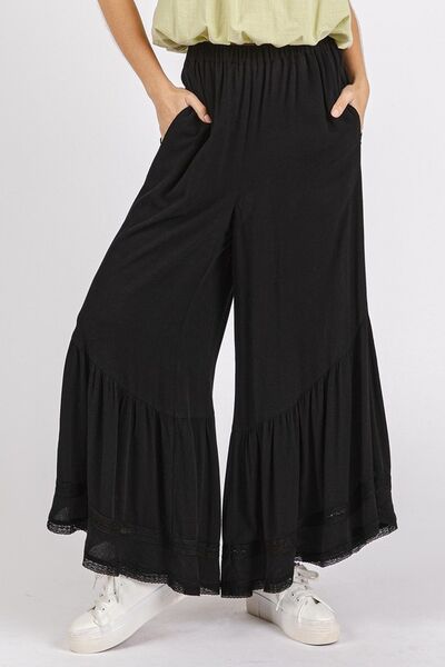 Mittoshop Black Wide Leg Pants Lace Ruffle Asymmetric Hem Black