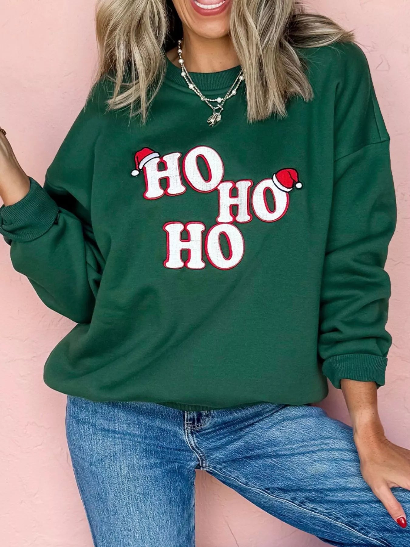 Christmas Sweatshirt Women's Embroidered Ho Ho Letter Round Neck Top 9ecdf327-3494-46fd-9b2c-3b0ea71333a4-Max-Origin Trendsi
