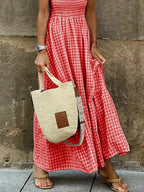 Maxi Dress Plaid Gingham Smocked High Waist with Ruffle Straps Square Neck 9ece7cb782284a7aa293c25d09f7ffd2-Max-Origin Trendsi